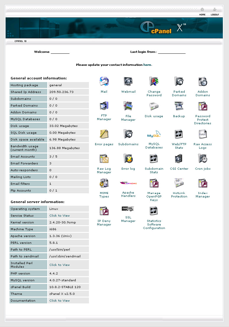 screenshot of cpanel main screen